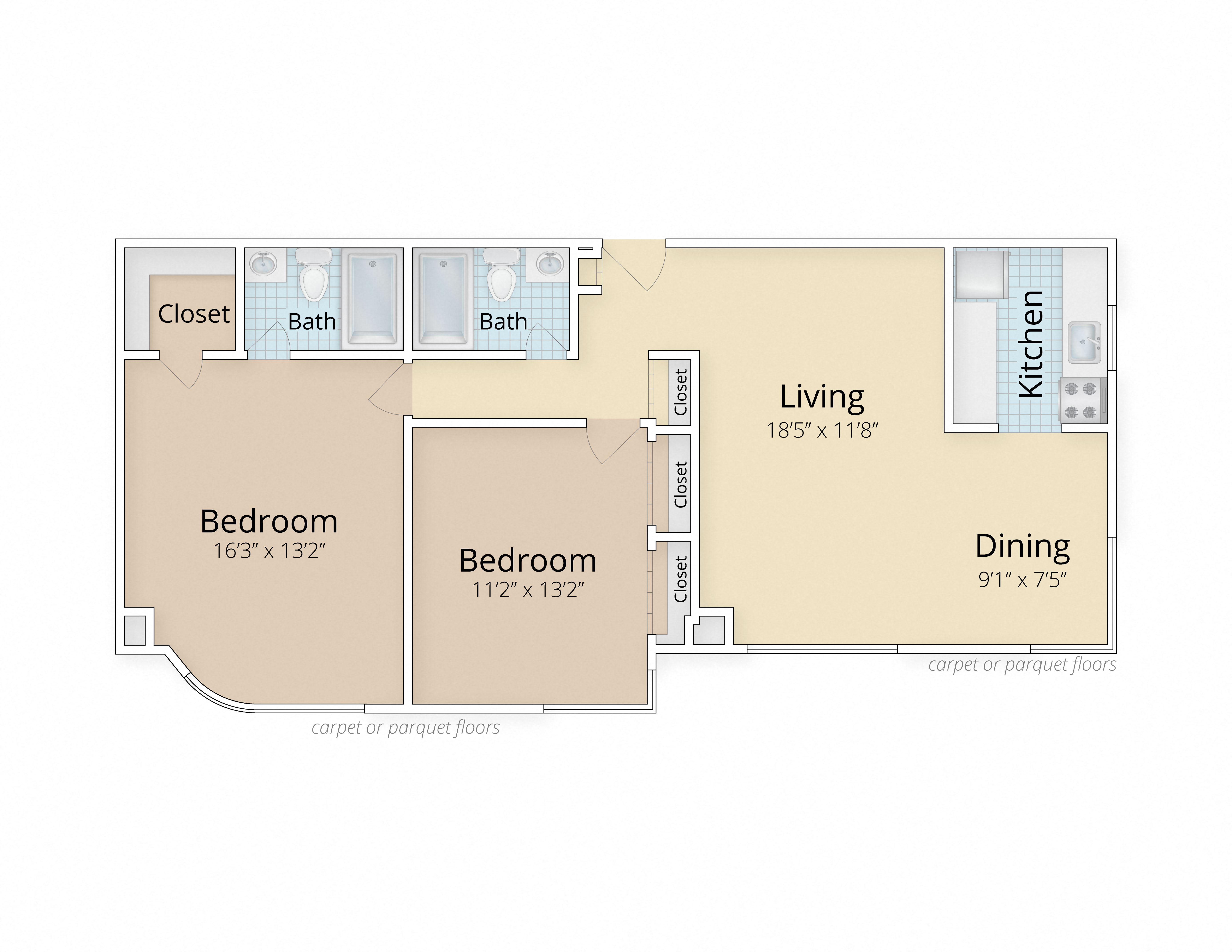 Floor plan for 2 beds, 2 baths, 1013 sqft